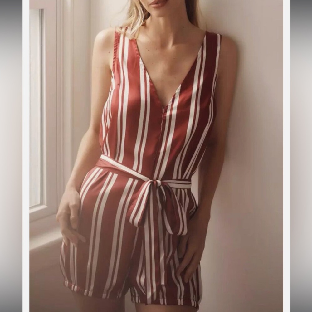 Anthropologie Jumper Romper Maroon Shorts Sleeveless Satin Silky Striped Pajama